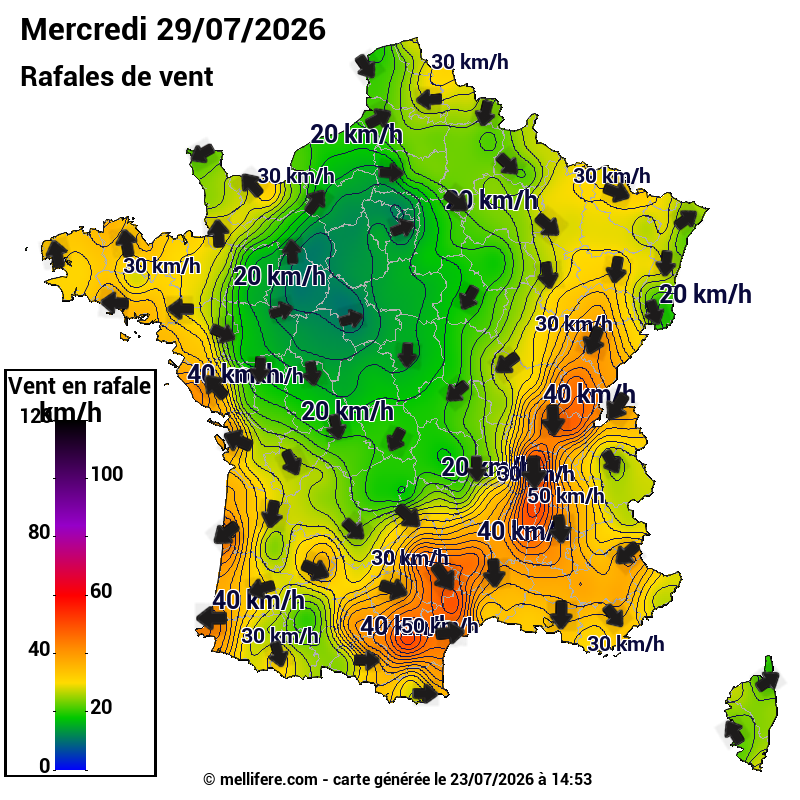 Prévision Vents et rafales 29/07