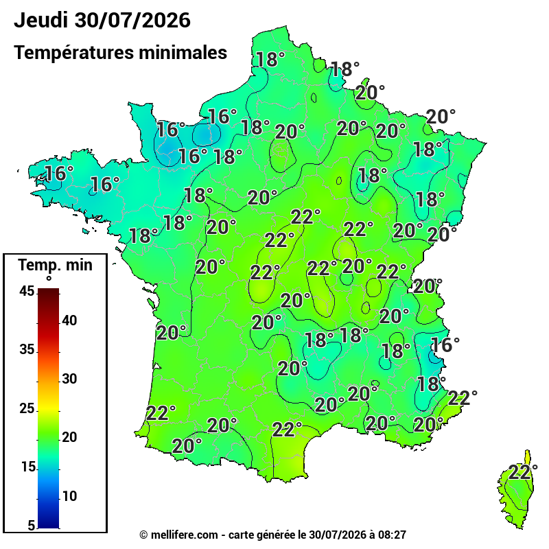 Prévision Températures mini 30/07
