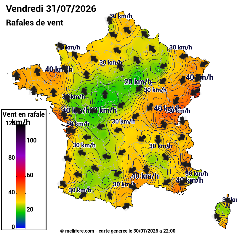 Prévision Vents et rafales 31/07