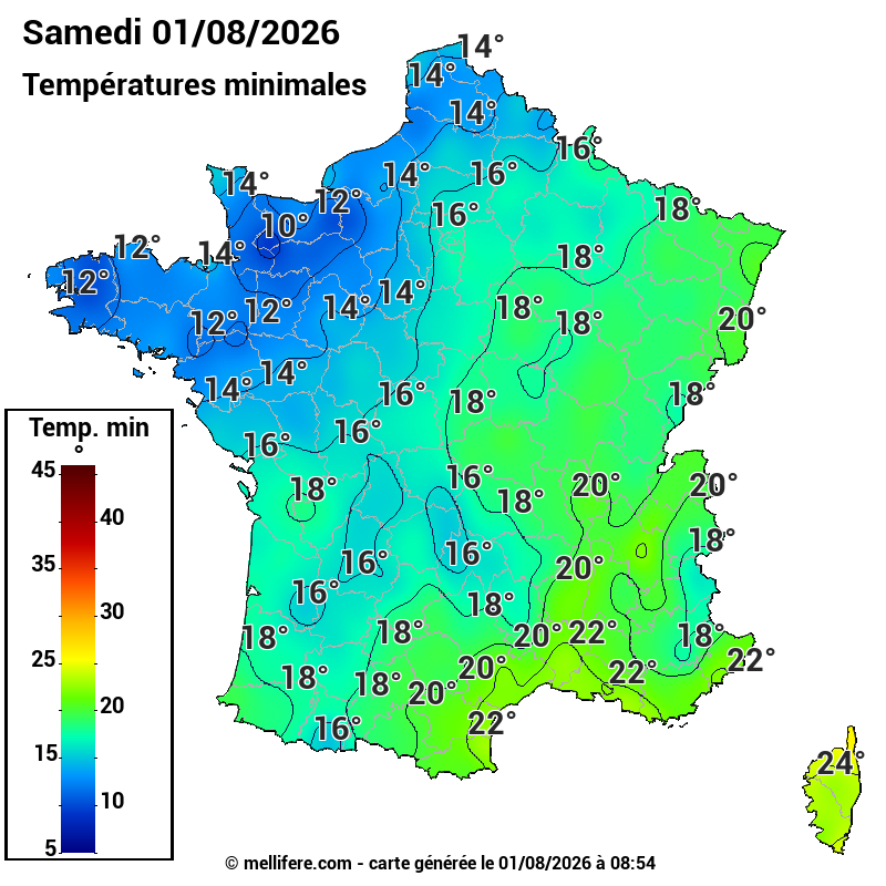 Prévision Températures mini 01/08