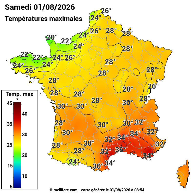 Prévision Températures maxi01/08