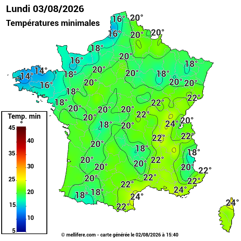 Prévision Températures mini 03/08