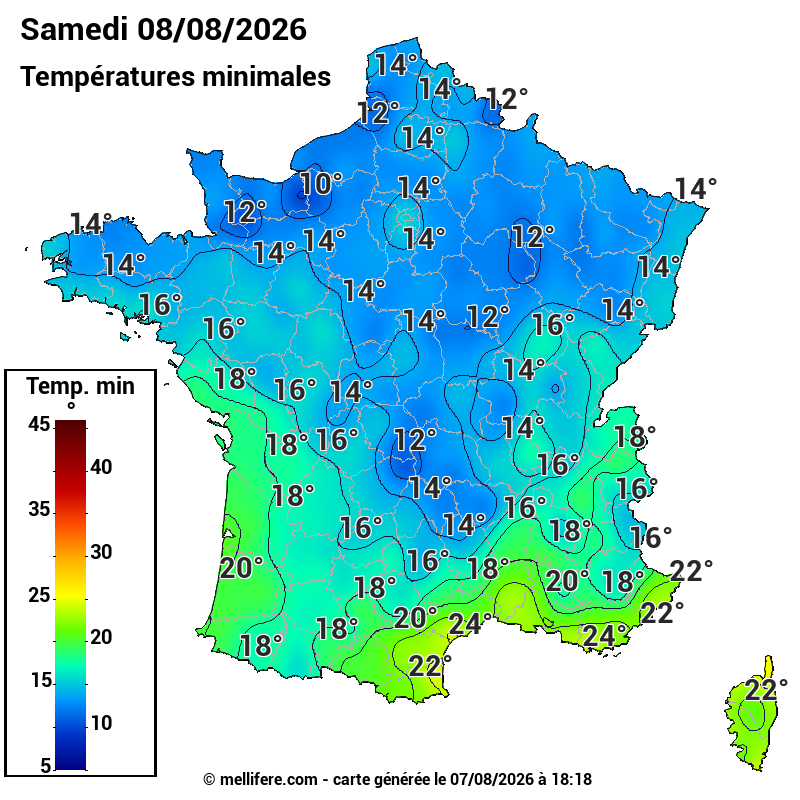 Prévision Températures mini 08/08
