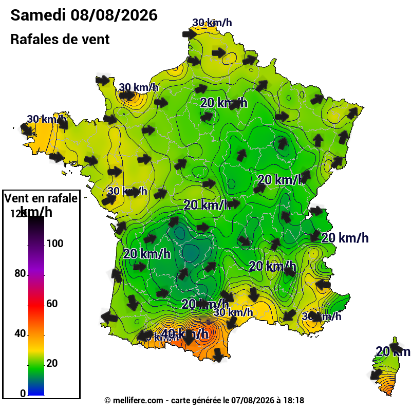 Prévision Vents et rafales 08/08