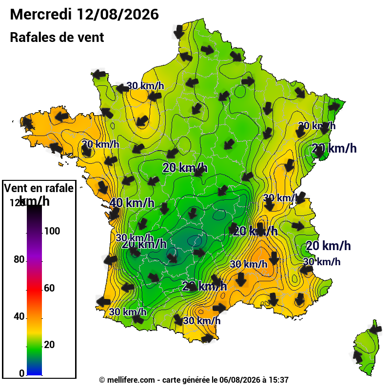 Prévision Vents et rafales 12/08