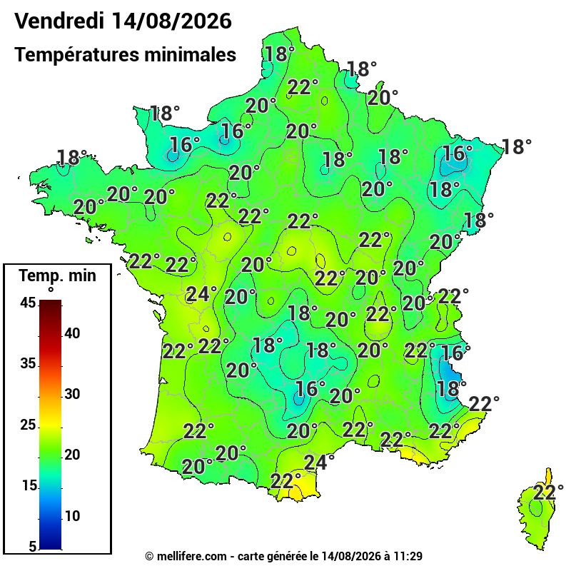 Prévision Températures mini 14/08