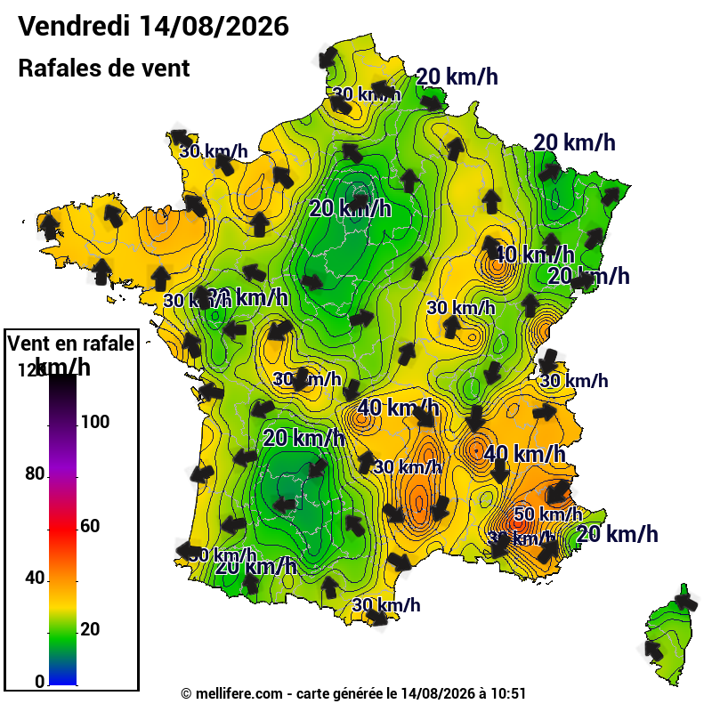 Prévision Vents et rafales 14/08