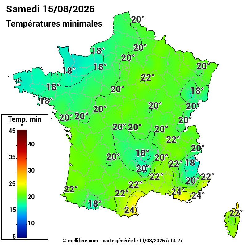 Prévision Températures mini 15/08