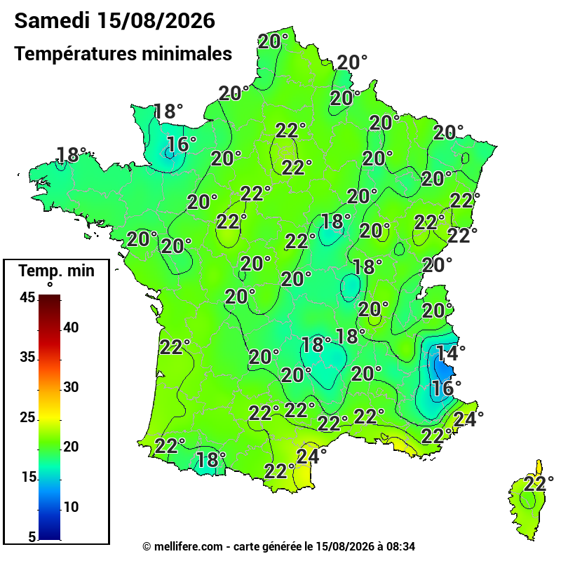 Prévision Températures mini 15/08