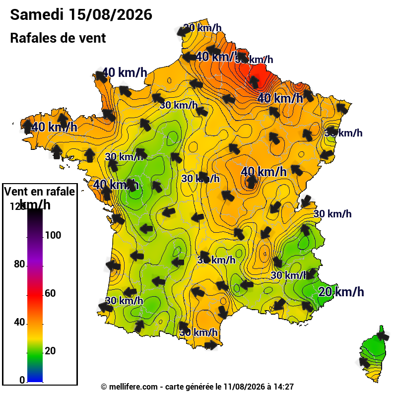 Prévision Vents et rafales 15/08