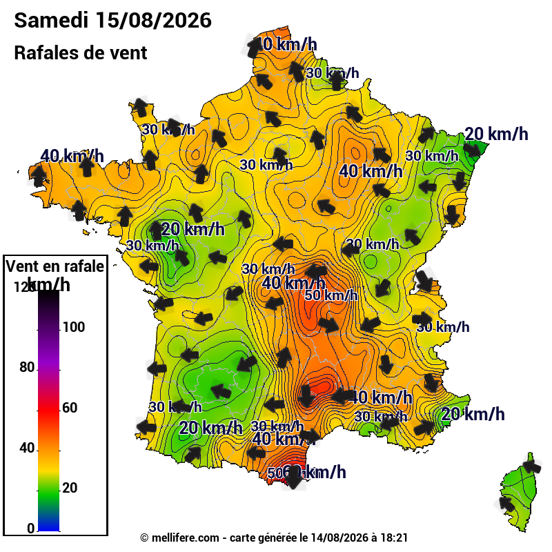 Prévision Vents et rafales 15/08