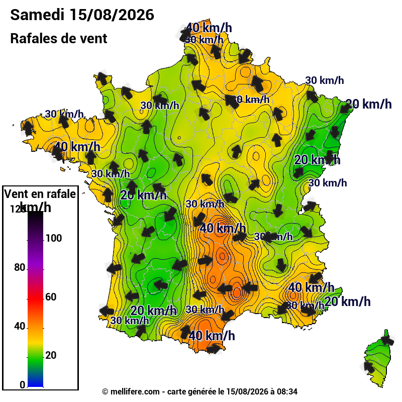 Prévision Vents et rafales 15/08