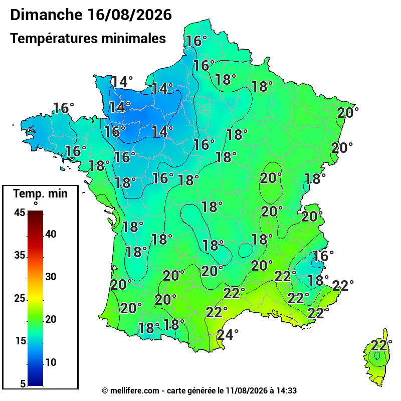 Prévision Températures mini 16/08