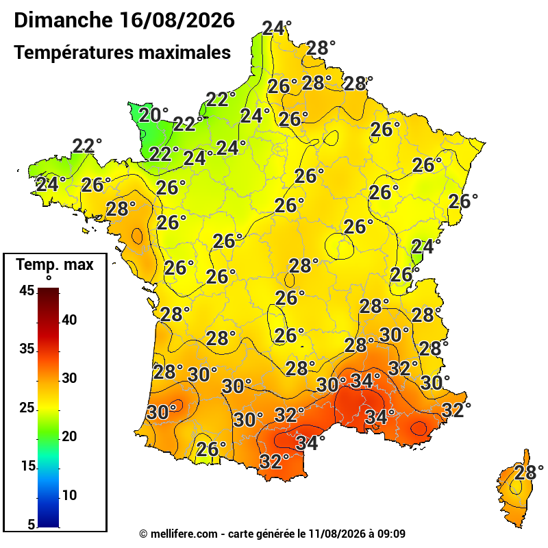 Prévision Températures maxi16/08