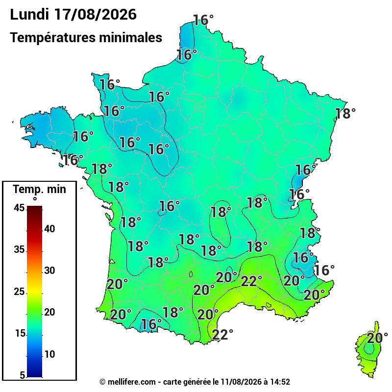 Prévision Températures mini 17/08