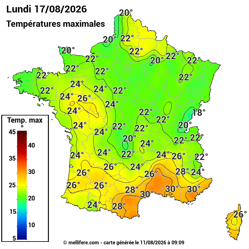 Prévision Températures maxi17/08