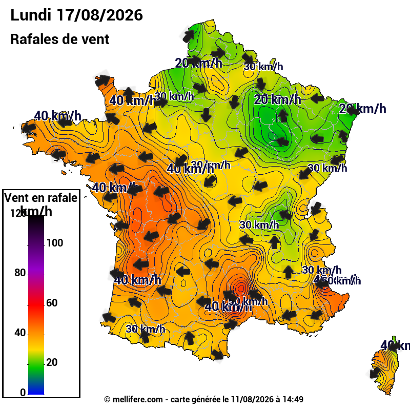 Prévision Vents et rafales 17/08