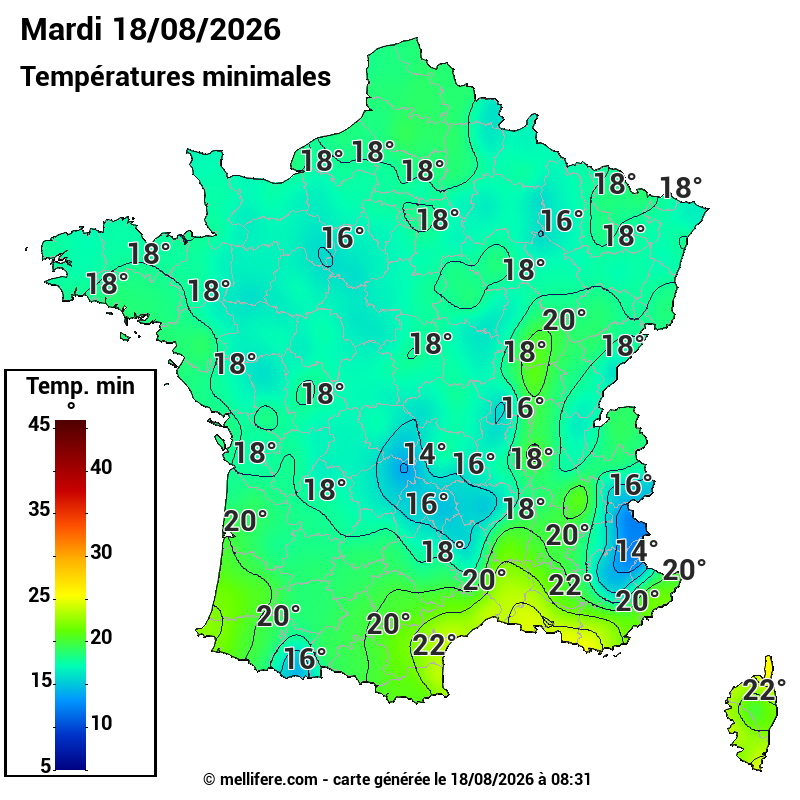 Prévision Températures mini 18/08