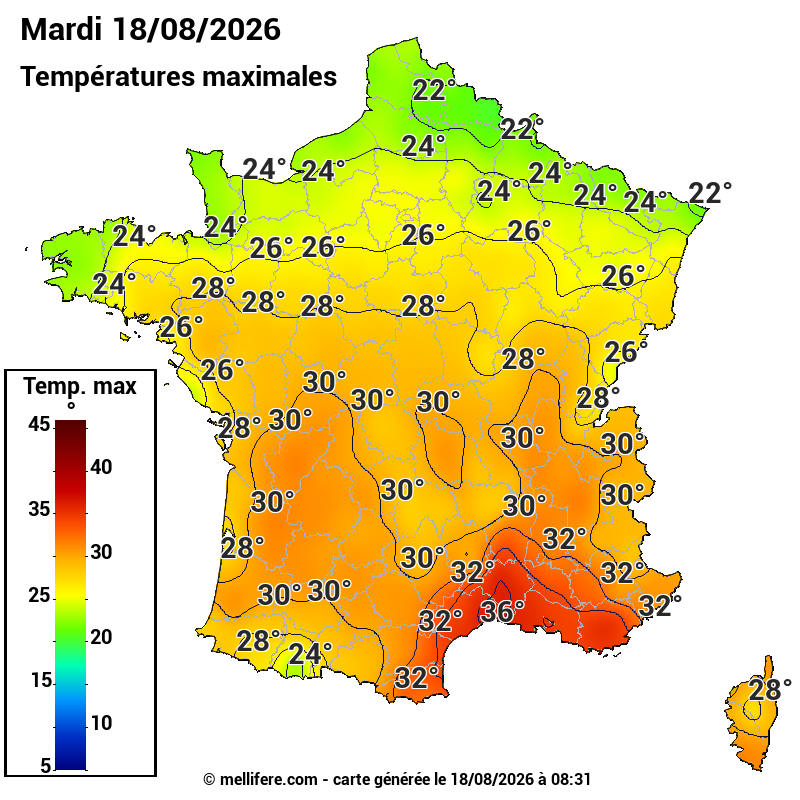 Prévision Températures maxi18/08