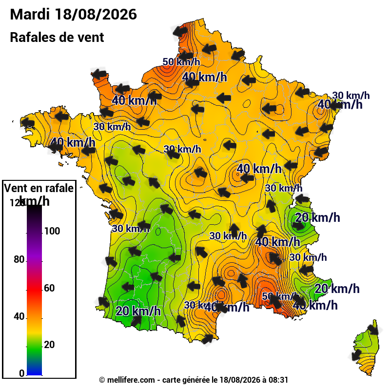 Prévision Vents et rafales 18/08
