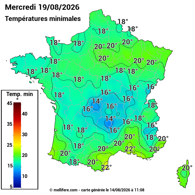 Prévision Températures mini 19/08