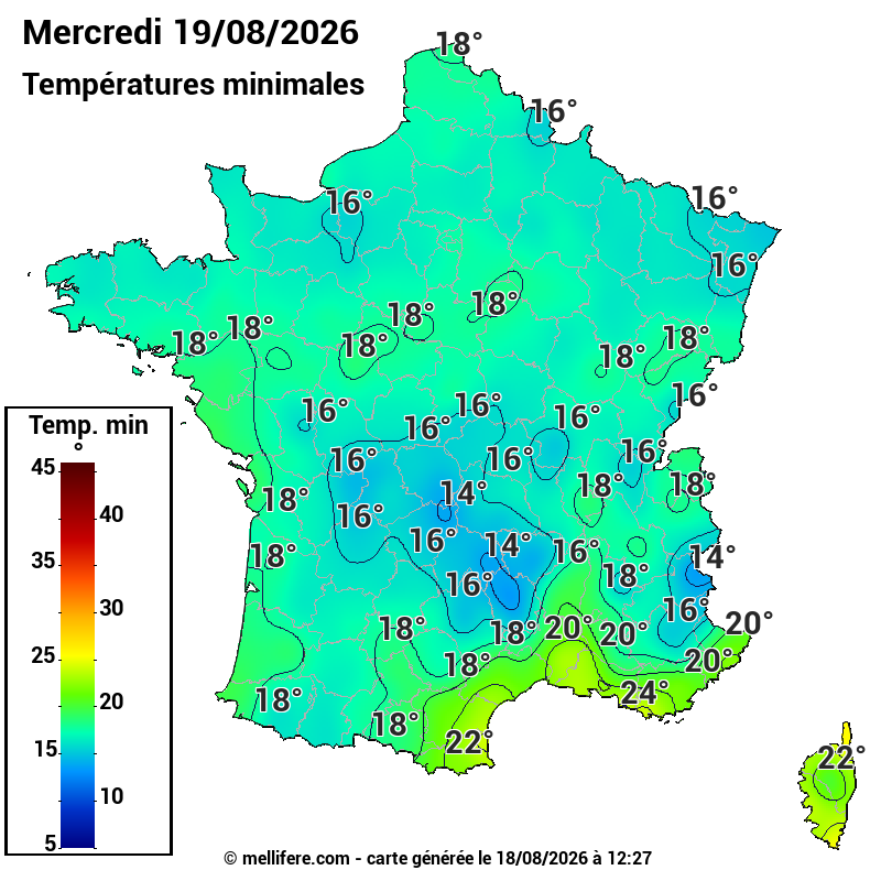 Prévision Températures mini 19/08