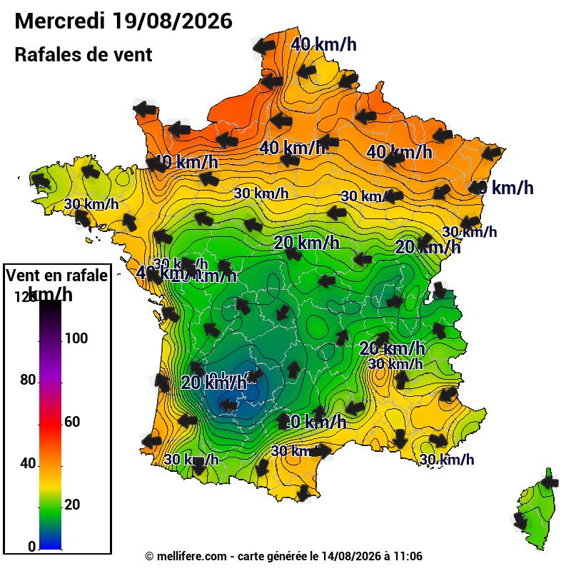 Prévision Vents et rafales 19/08