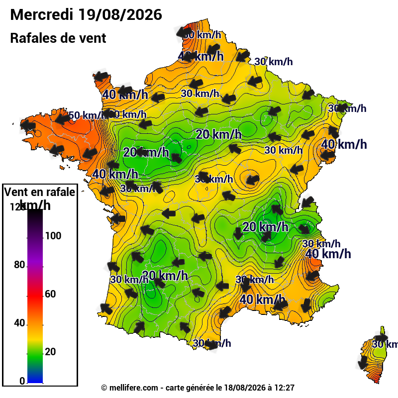 Prévision Vents et rafales 19/08