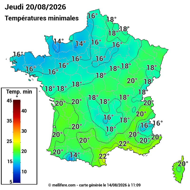 Prévision Températures mini 20/08