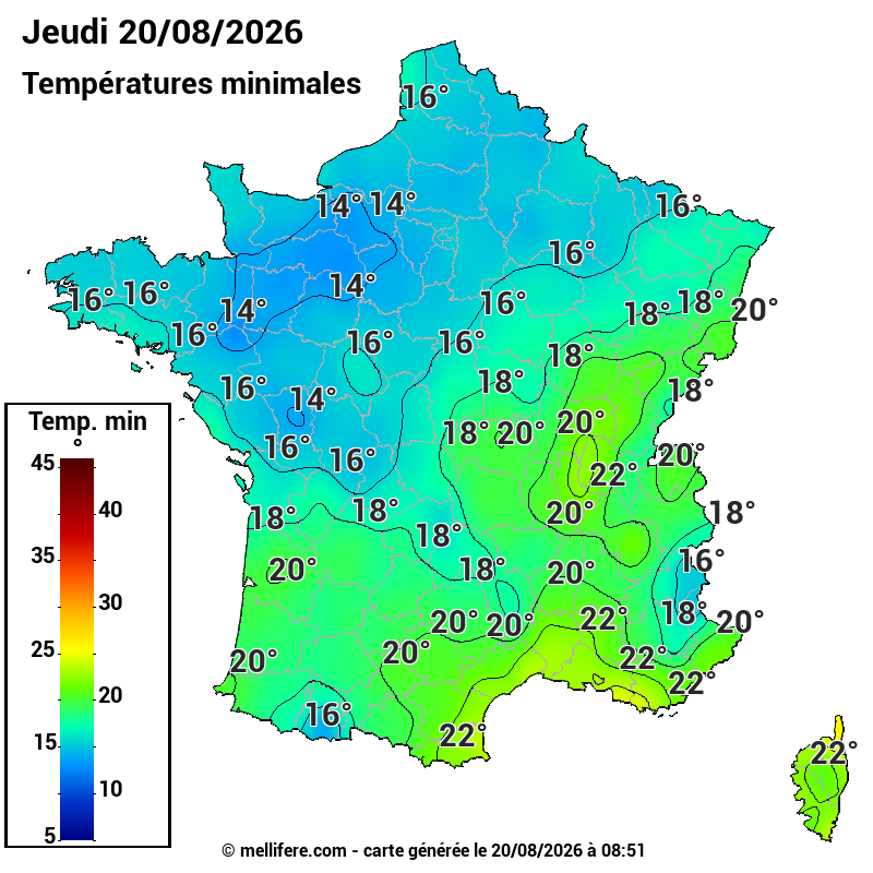 Prévision Températures mini 20/08