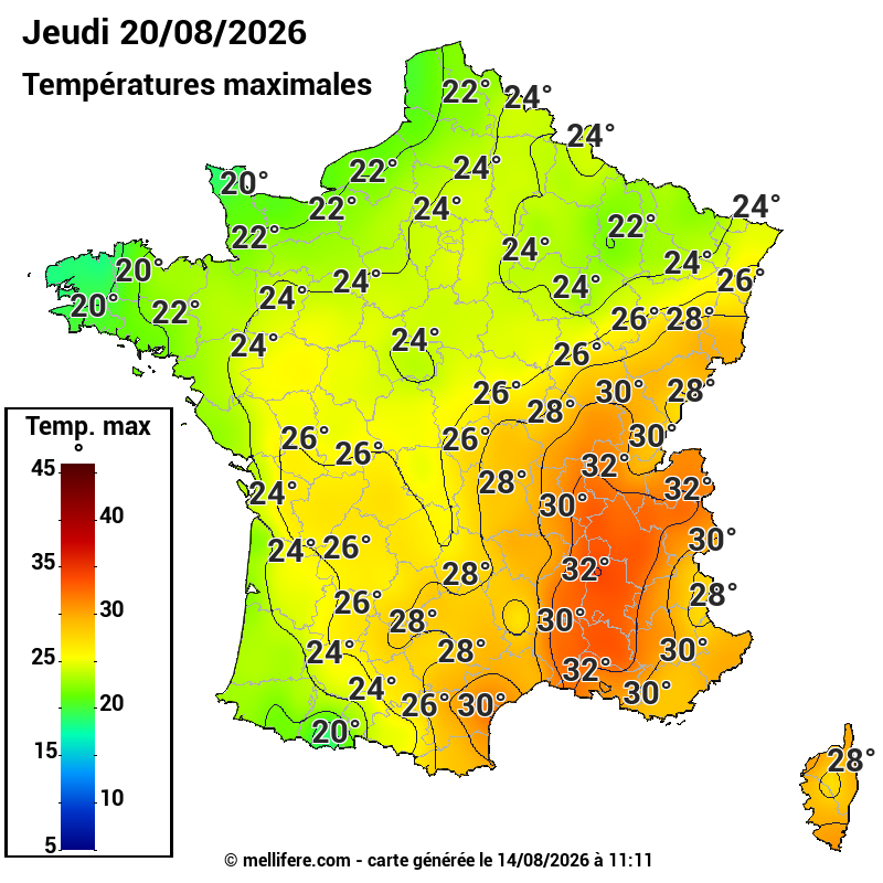 Prévision Températures maxi20/08