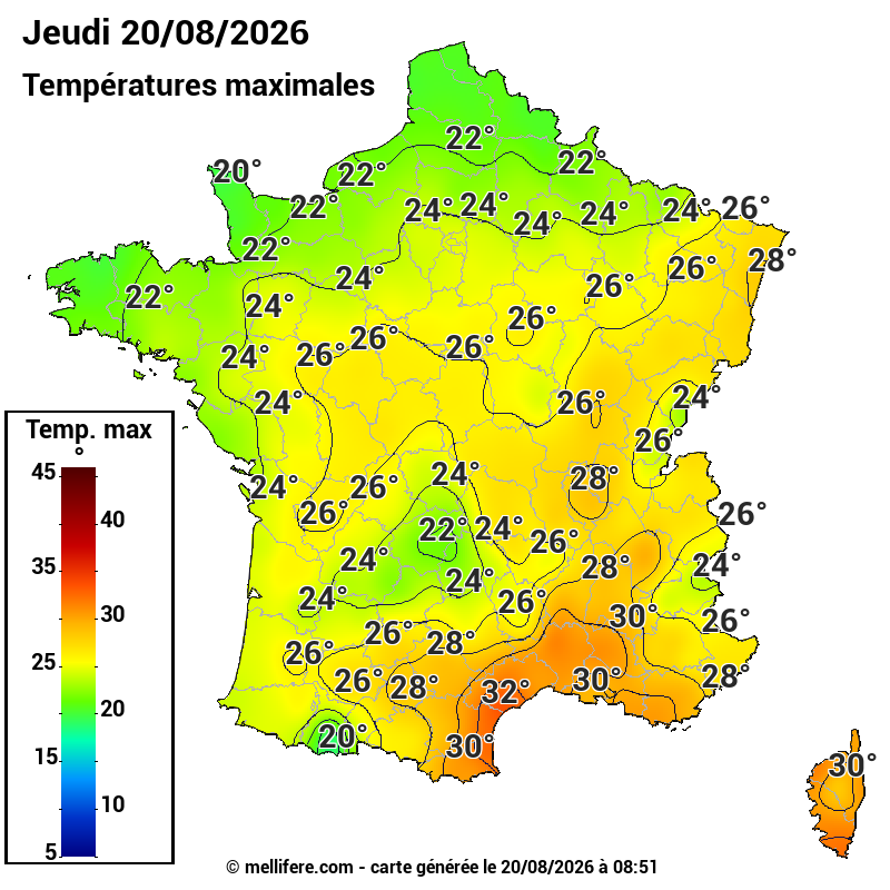 Prévision Températures maxi20/08