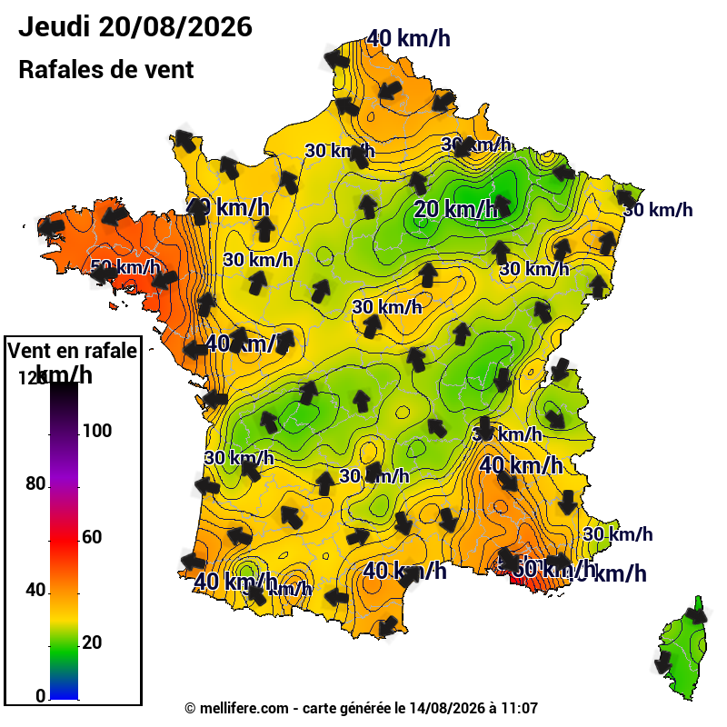 Prévision Vents et rafales 20/08