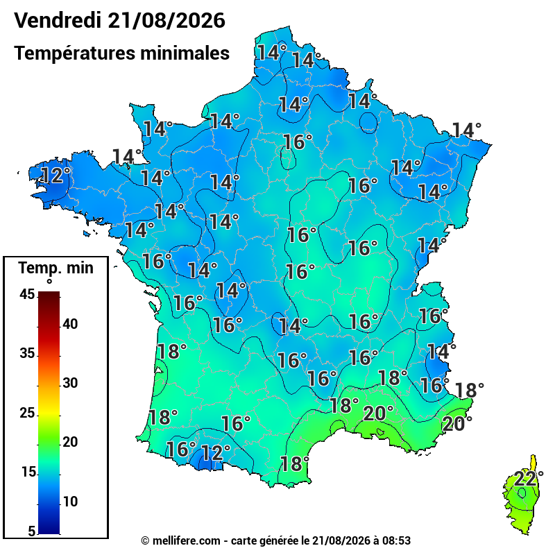 Prévision Températures mini 21/08