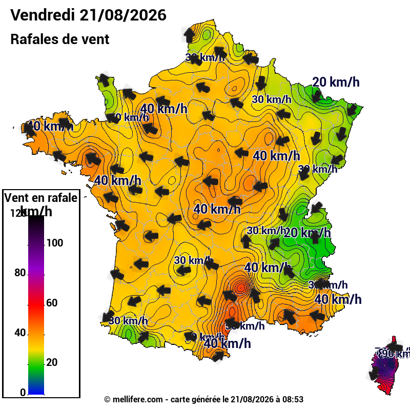 Prévision Vents et rafales 21/08