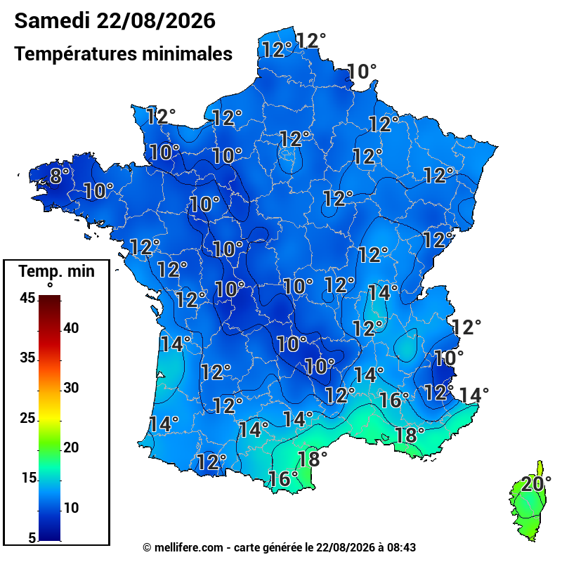 Prévision Températures mini 22/08