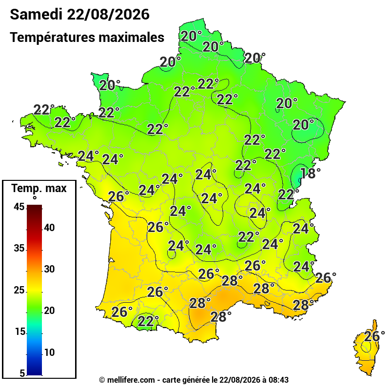 Prévision Températures maxi22/08