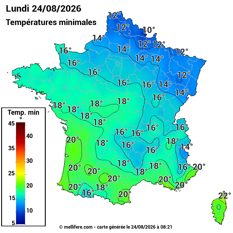 Prévision Températures mini 24/08