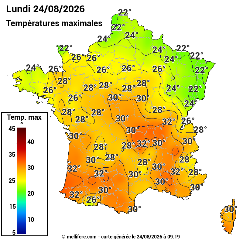 Prévision Températures maxi24/08