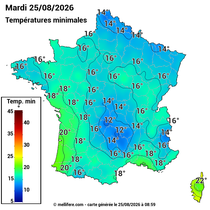 Prévision Températures mini 25/08