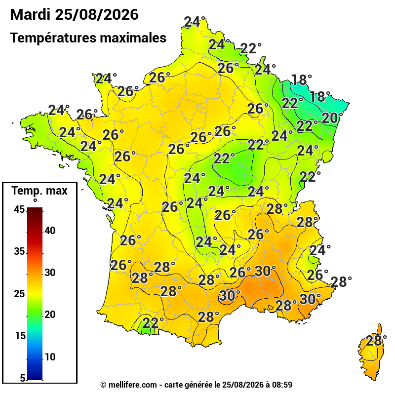 Prévision Températures maxi25/08