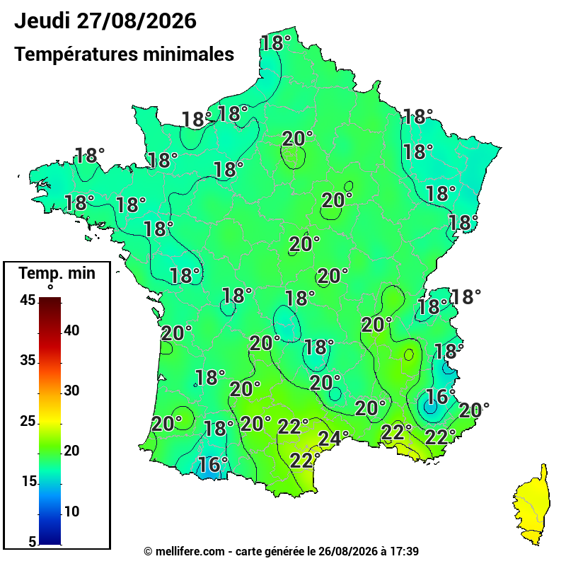 Prévision Températures mini 27/08