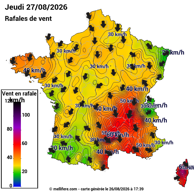 Prévision Vents et rafales 27/08