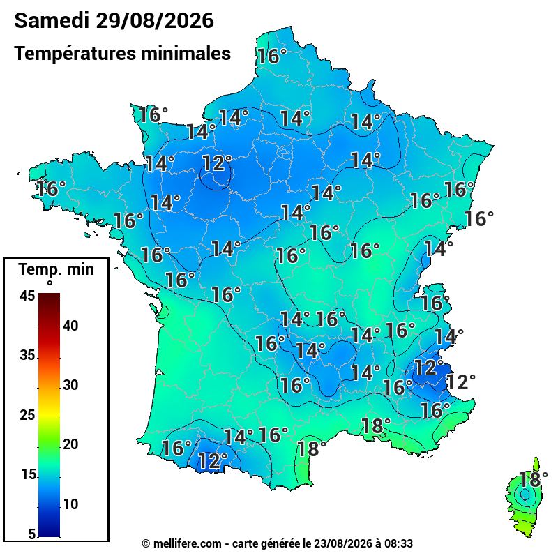 Prévision Températures mini 29/08