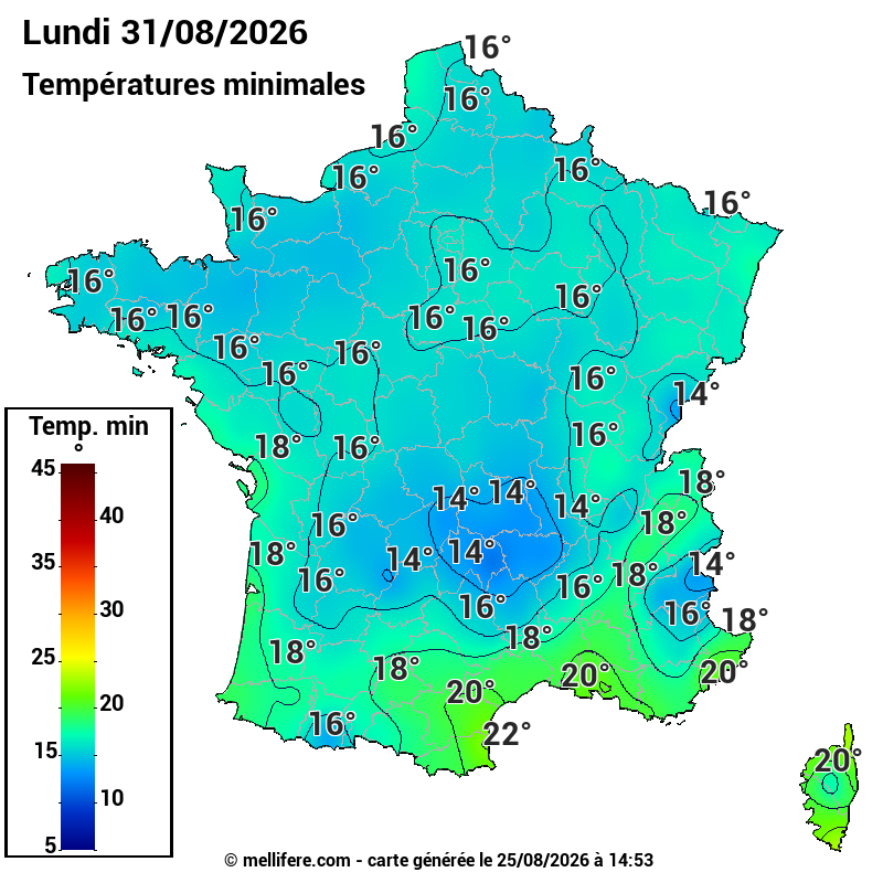 Prévision Températures mini 31/08