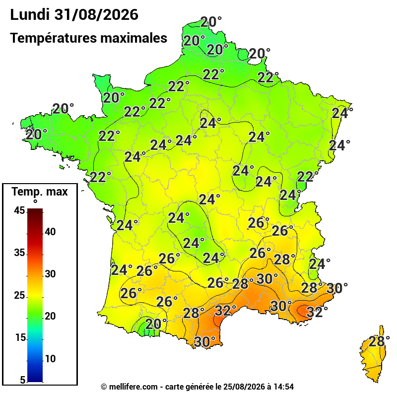Prévision Températures maxi31/08