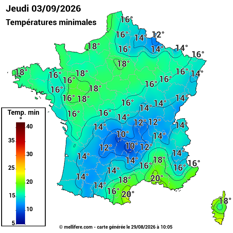 Prévision Températures mini 03/09
