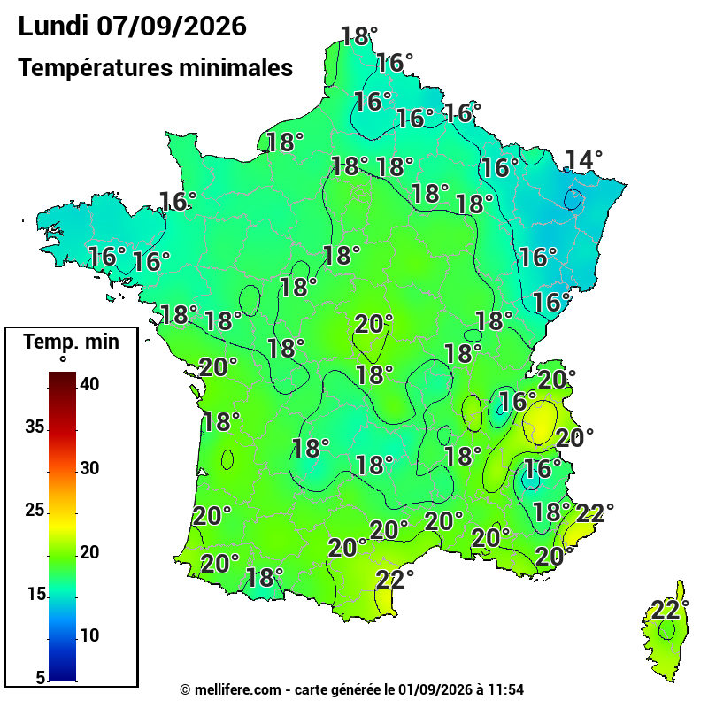 Prévision Températures mini 07/09