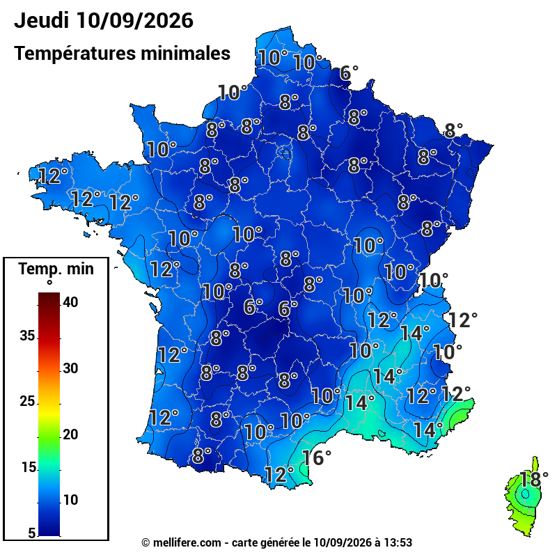 Prévision Températures mini 10/09
