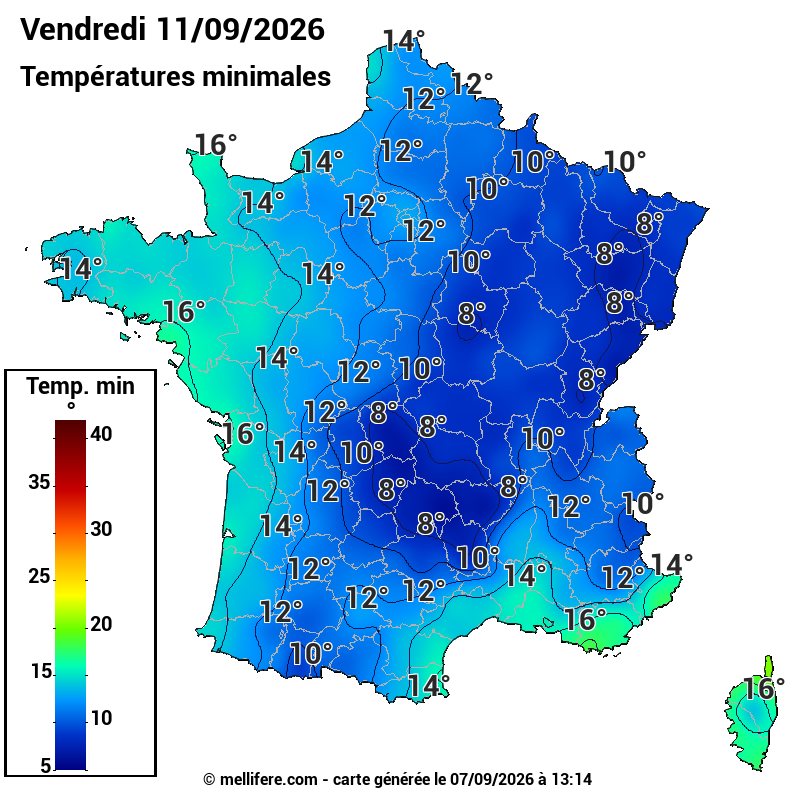 Prévision Températures mini 11/09